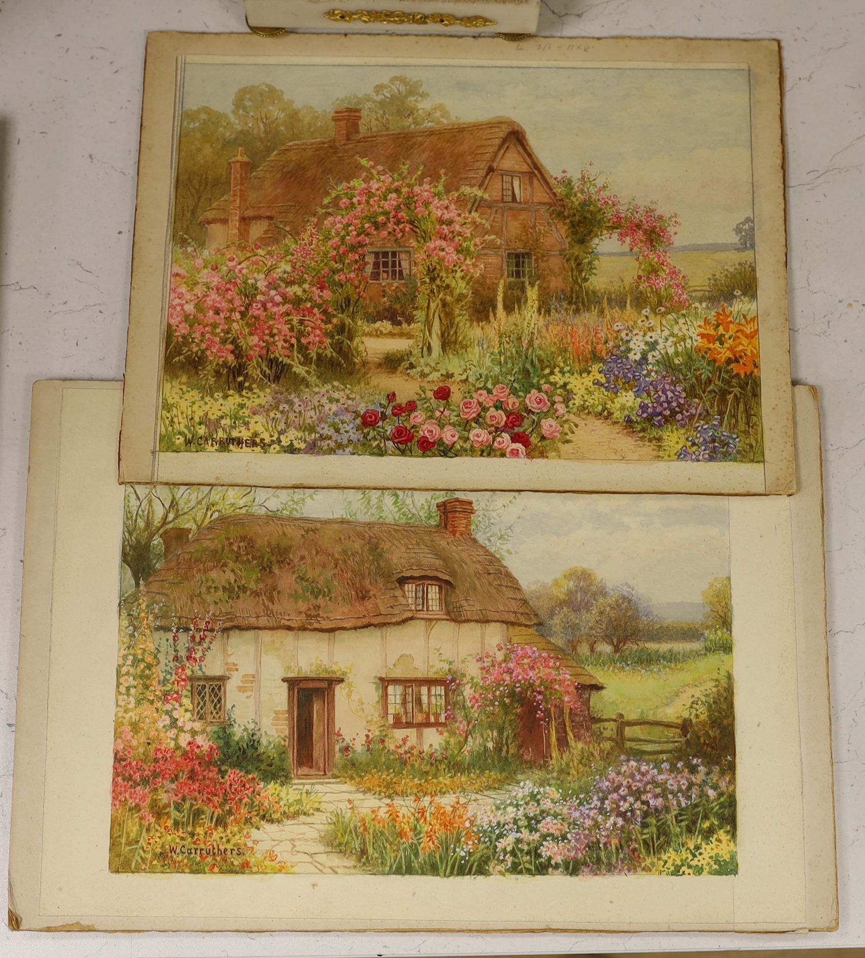 William Affleck (aka, William Carruthers, 1868-1943), two watercolours on card, ‘Old cottage at Ashow, Warwickshire’ and ‘Old cottage at Chalgrove, Oxfordshire’, each signed, largest 22 x 30cm, unframed
